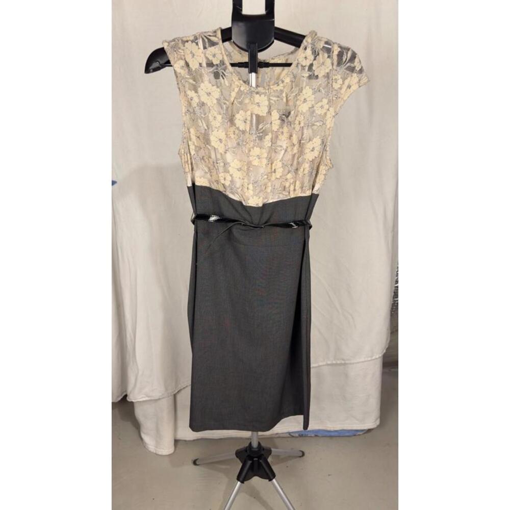 Tinan Women’s Dress Size 14 Gray Belted Skirt White Lace Top Elegant Style